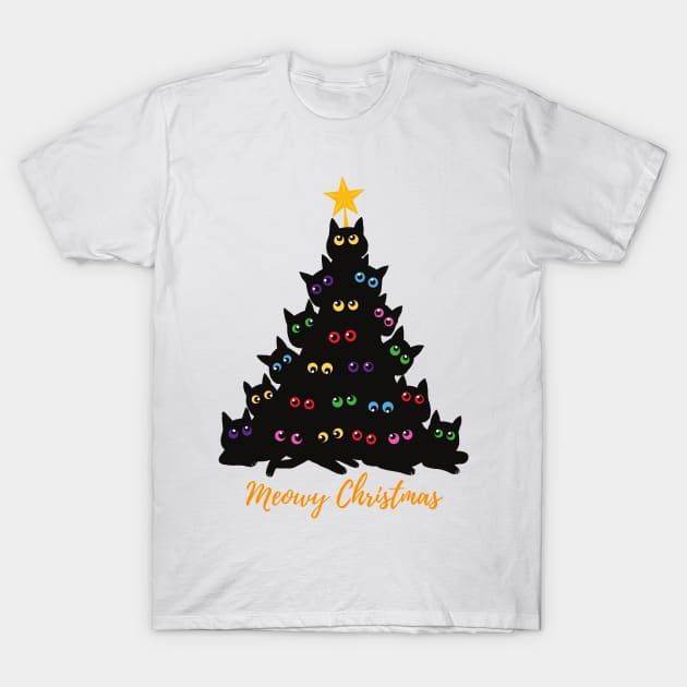 Meowy Christmas tree T-Shirt by FunartsbyM